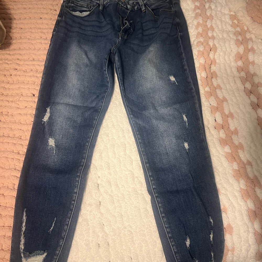 KanCan Women's Distressed Dark Blue Boyfriend Jeans